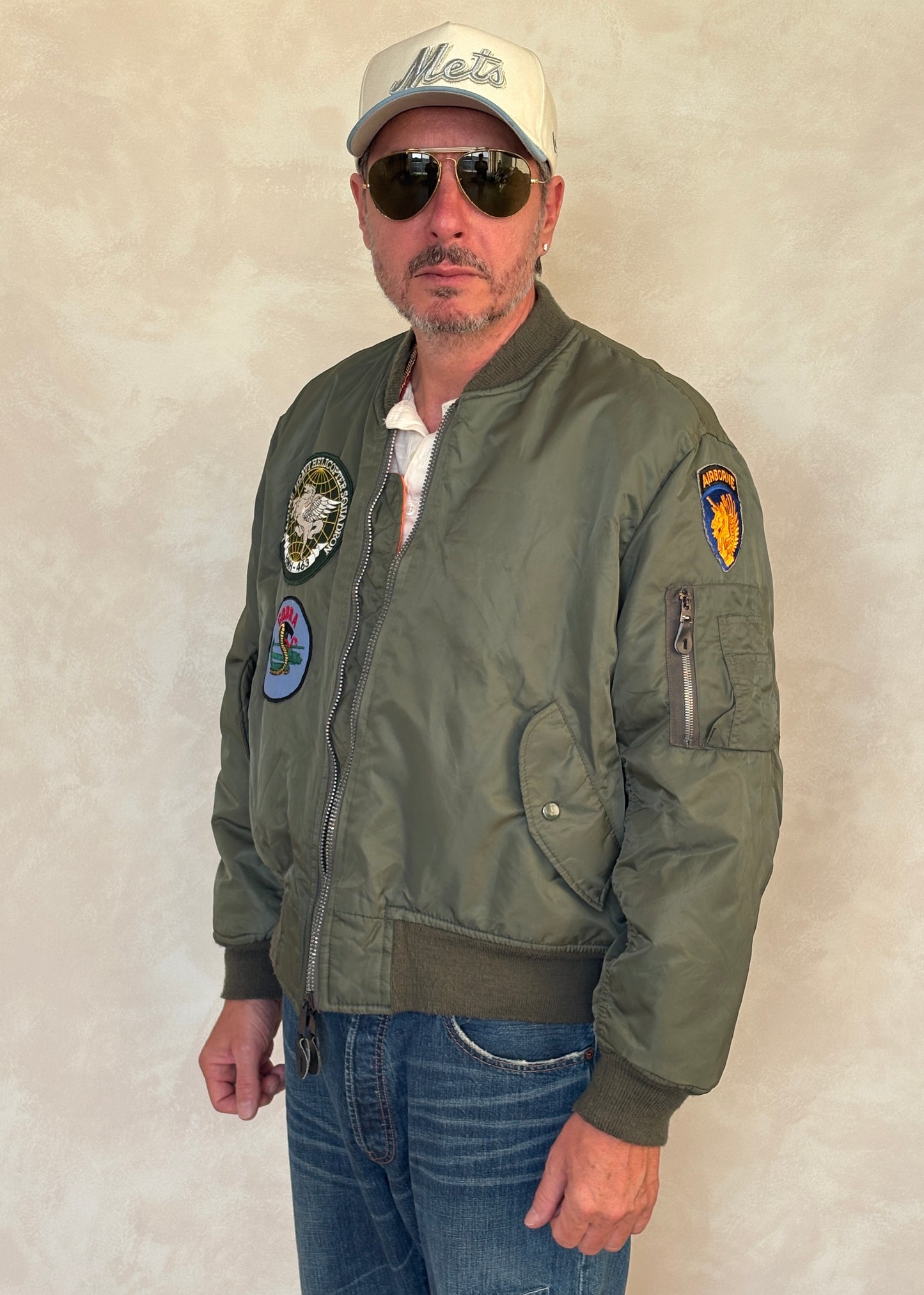 Large . Patched  MA1 jacket, flying intermediate  type MA-1 Made in USA