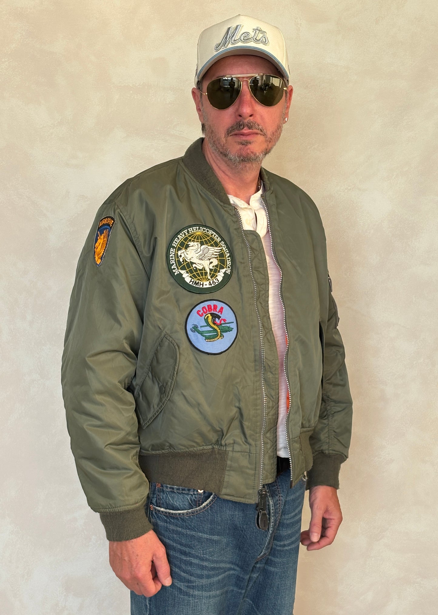 Large . Patched  MA1 jacket, flying intermediate  type MA-1 Made in USA