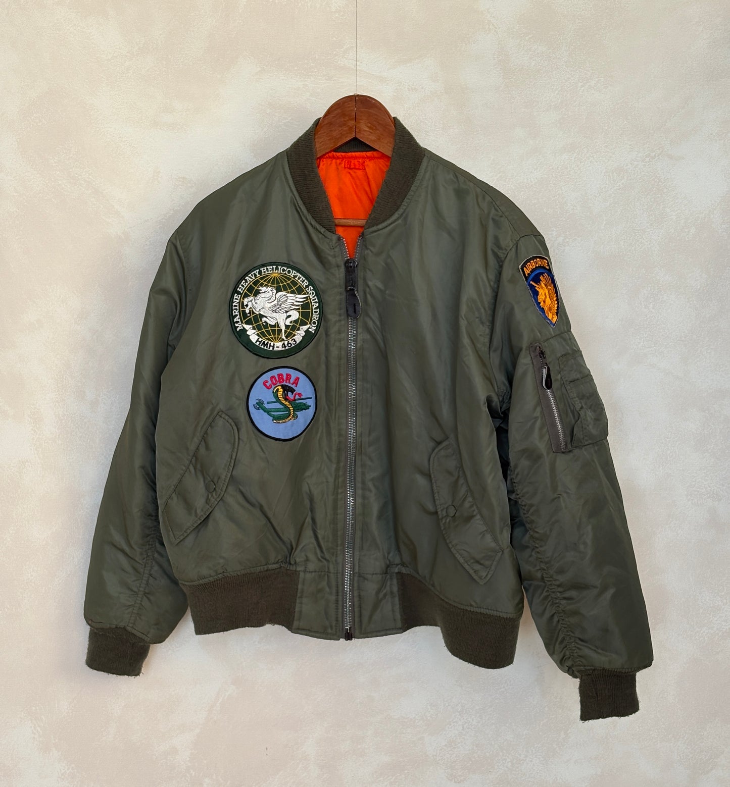 Large . Patched  MA1 jacket, flying intermediate  type MA-1 Made in USA