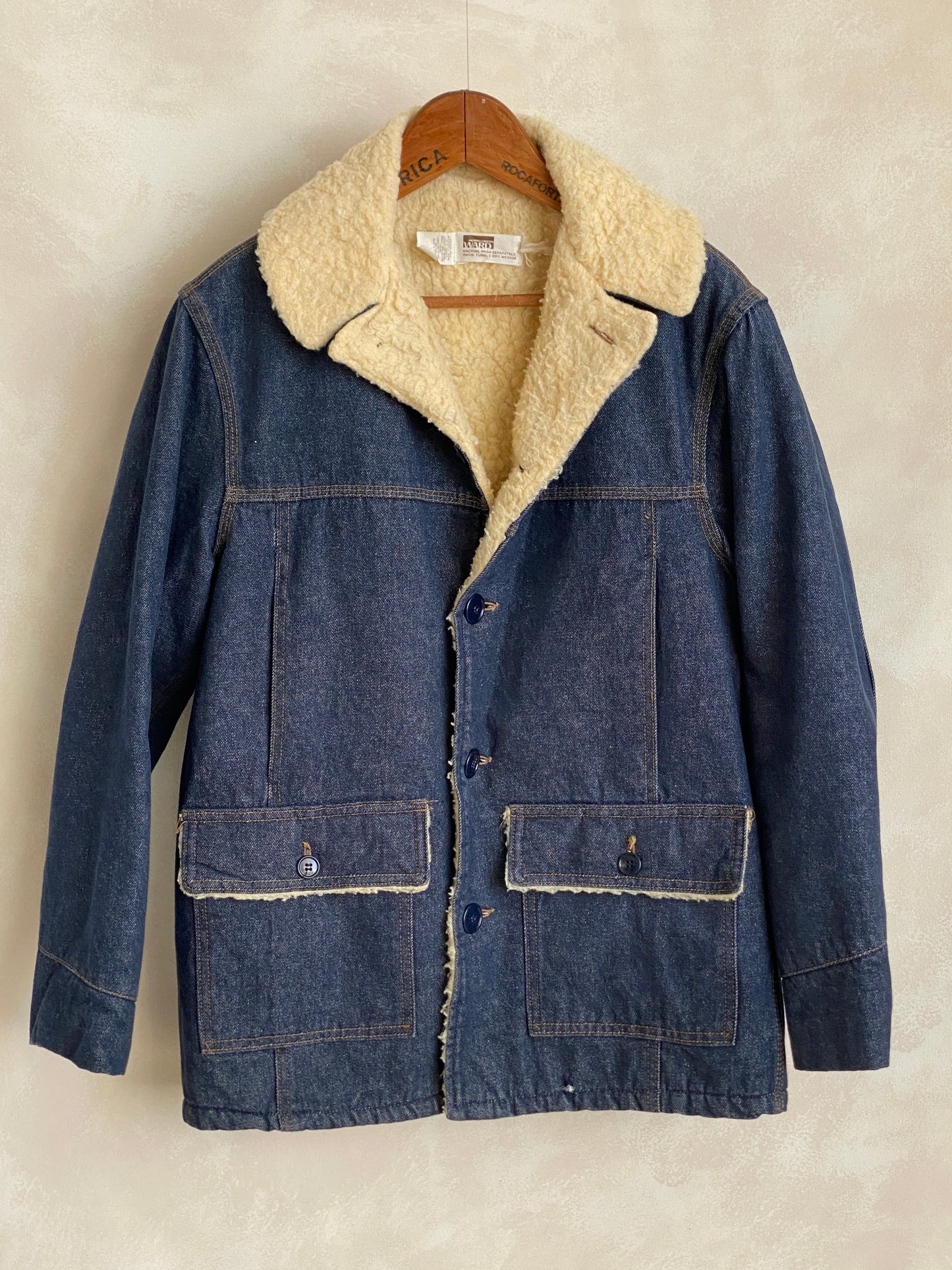 Medium Size Vintage Montgomery Ward Denim Fleece Barn Coat Chore Jacket, Made in USA - Classic Workwear Collectible