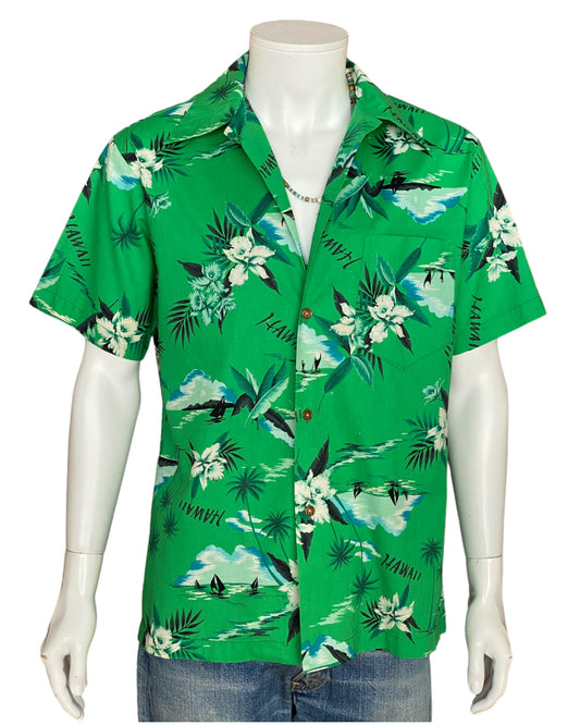 Large vintage 70s Hawaiian thin cotton shirt - retro island fashion.