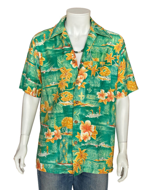 Large tall. Vintage 70s Hawaiian satin cotton shirt