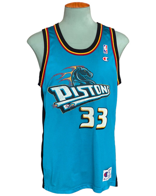 Vintage 90s NBA Champion Detroit Pistons Hill #33 jersey, size 44 - front view. Made in USA by Champion.