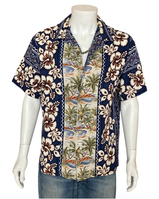 Large Vintage 90s Hawaiian Barkcloth Cotton Shirt Made in USA | Retro Island Style