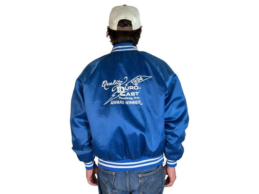 Size Large. Vintage 90s Blue Satin Jacket Made In USA