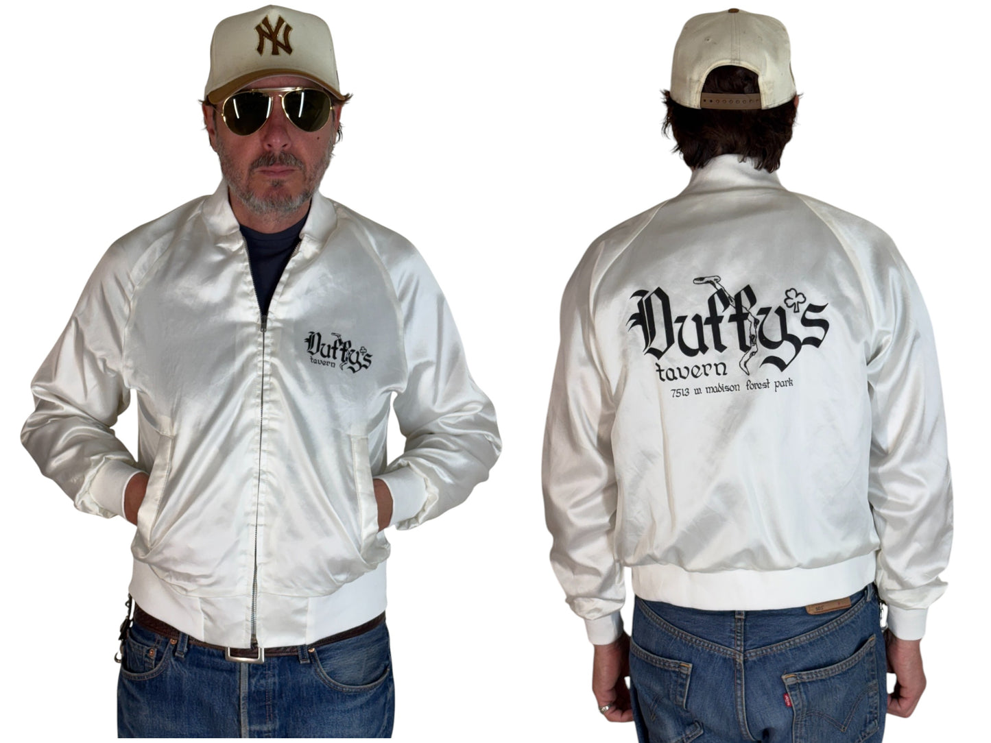 Size Small. Vintage 80s white Satin Jacket King Louie Made In USA