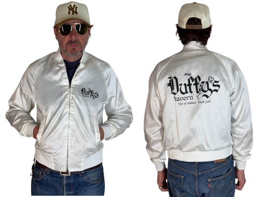 Size Small. Vintage 80s white Satin Jacket King Louie Made In USA