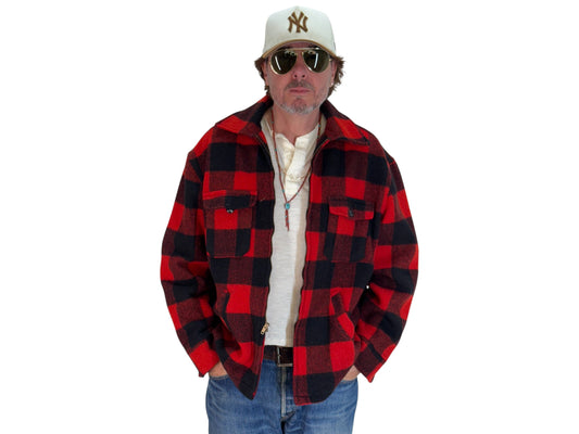 Size XL. Vintage 50s Utica N.Y. Wool Jacket – Red & Black – Zipper. Made in USA