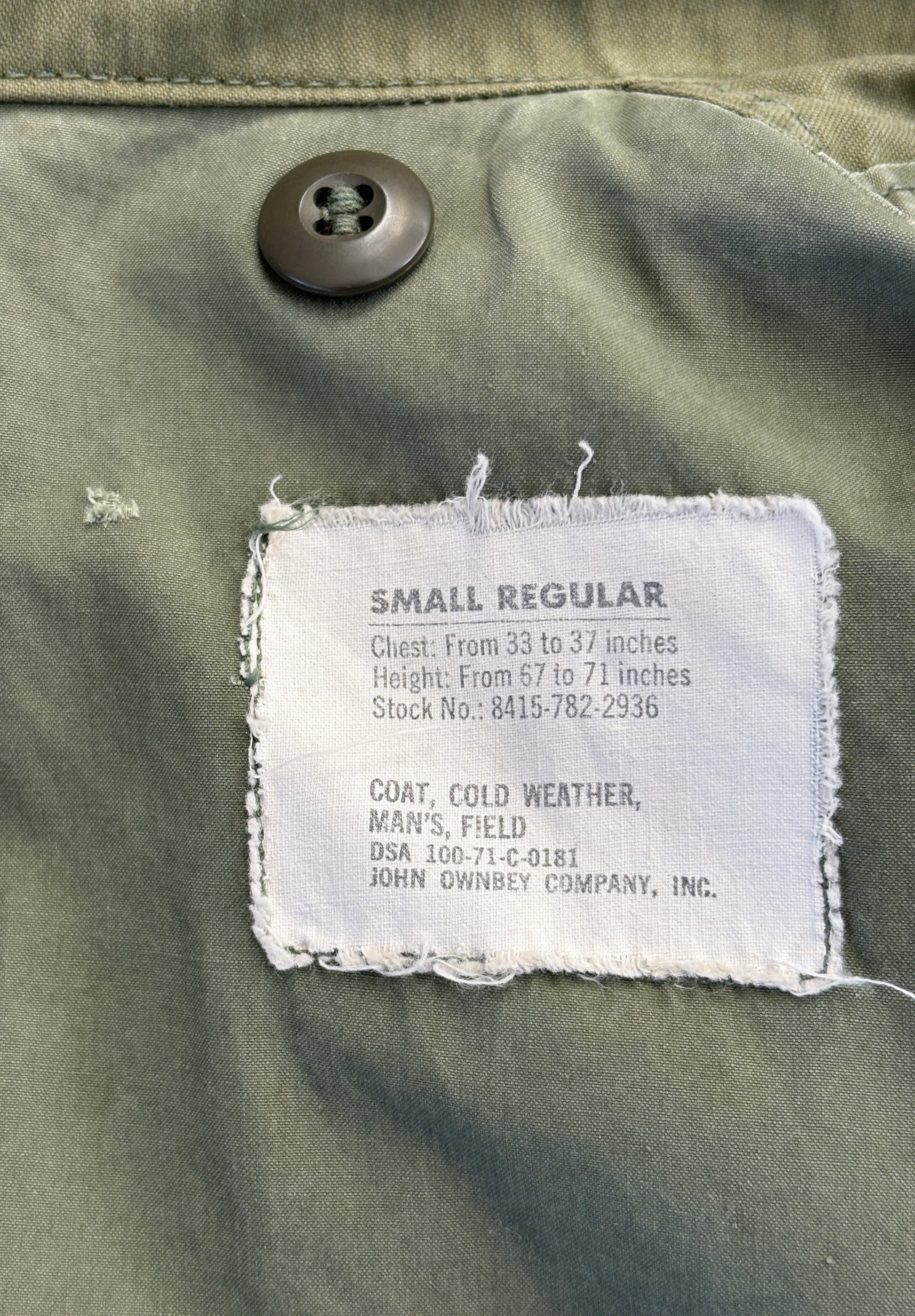 Small Reg. Authentic 1971 US M-65 field jacket Made by John Owney. Military - USA Vintage Bcn
