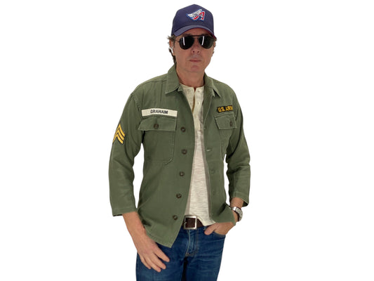 Small. Authentic 60s US Army Type I vintage OG-107 fatigue shirt.