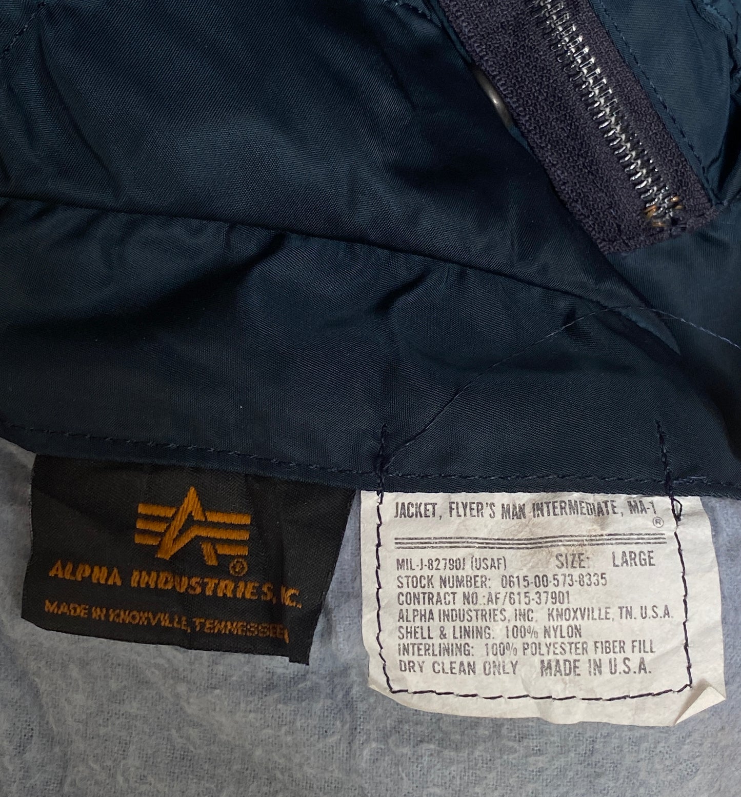 Large. Alpha Industries Blue Bomber jacket MA1 flyer jacket Made in USA