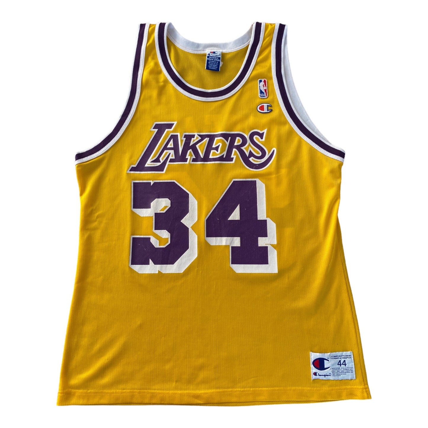 Vintage NBA Champion jersey LA Lakers with player O'Neal #34, size 44 - front view.