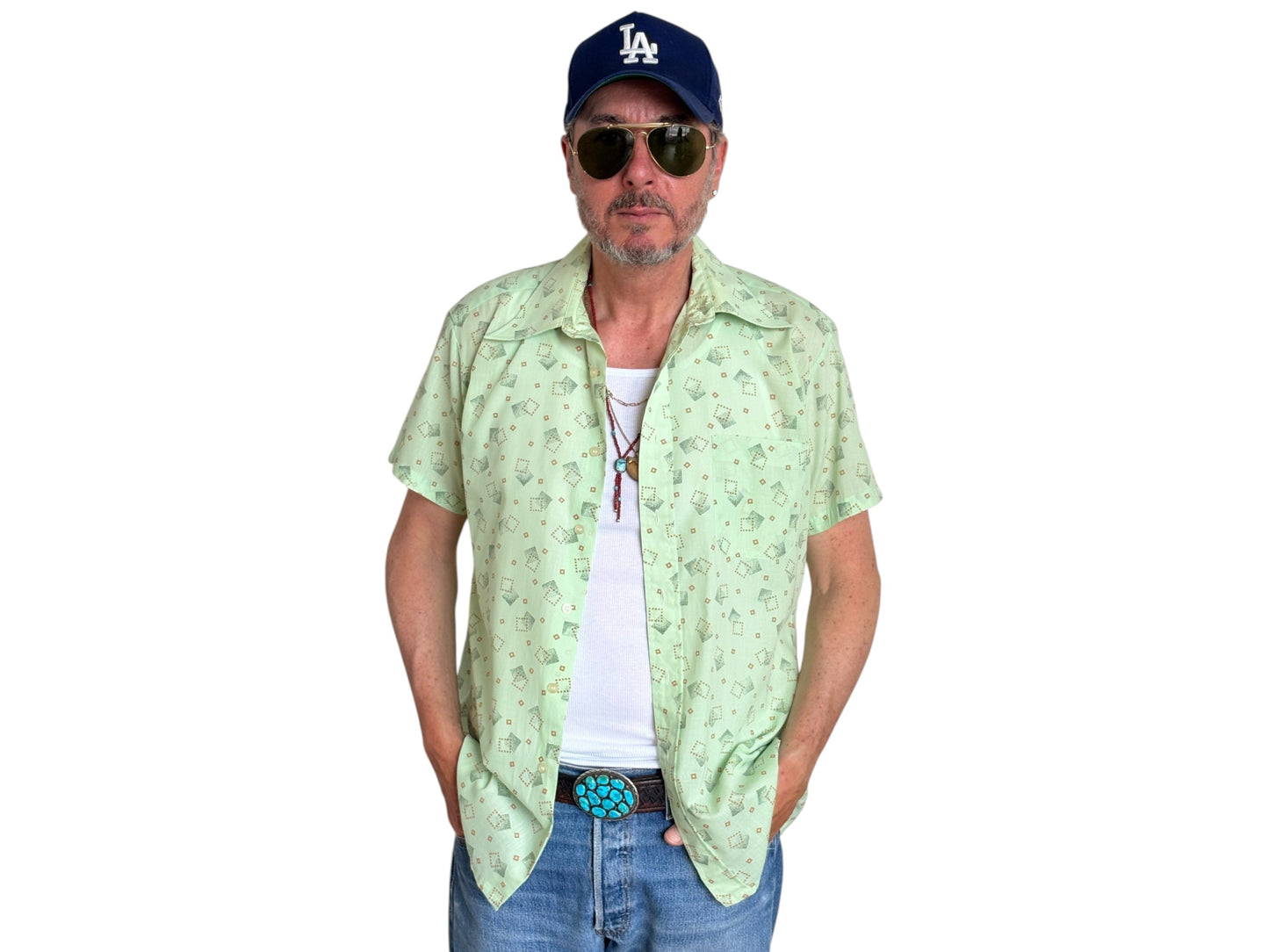 Size M. Vintage 70’s Grand Prix Shirt — Light Green Printed Casual Shirt — Summer Retro Look