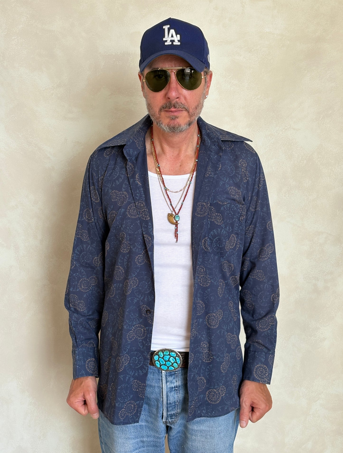 Size M. Vintage 70’s Blue Patterned Shirt – Long Sleeve – Retro Geometric Festival Shirt