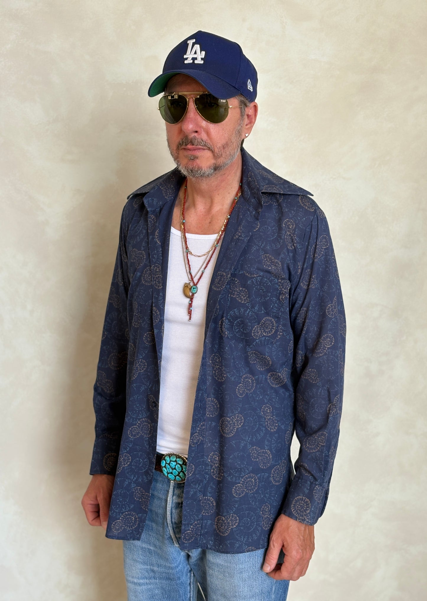 Size M. Vintage 70’s Blue Patterned Shirt – Long Sleeve – Retro Geometric Festival Shirt