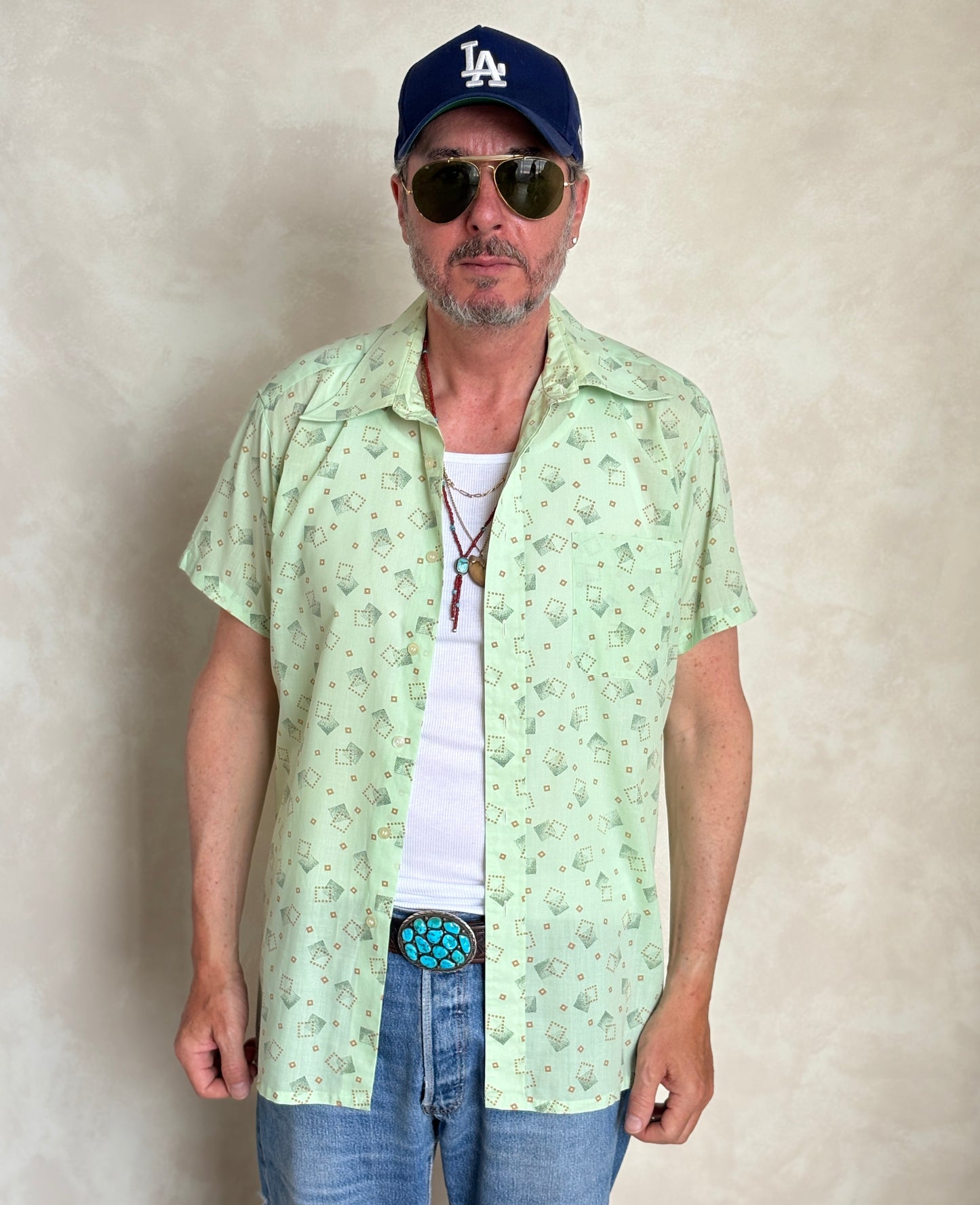 Size M. Vintage 70’s Grand Prix Shirt — Light Green Printed Casual Shirt — Summer Retro Look