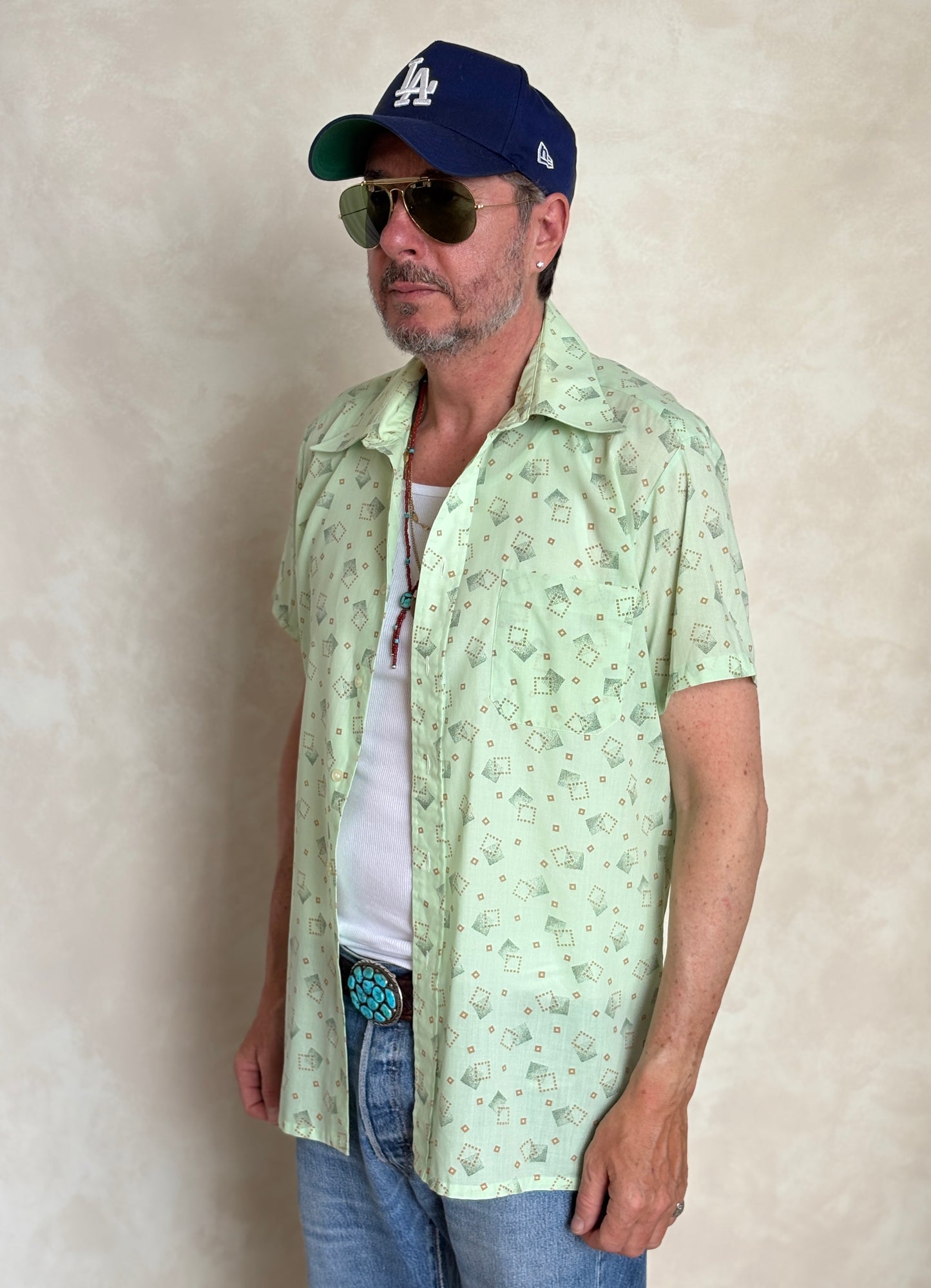 Size M. Vintage 70’s Grand Prix Shirt — Light Green Printed Casual Shirt — Summer Retro Look