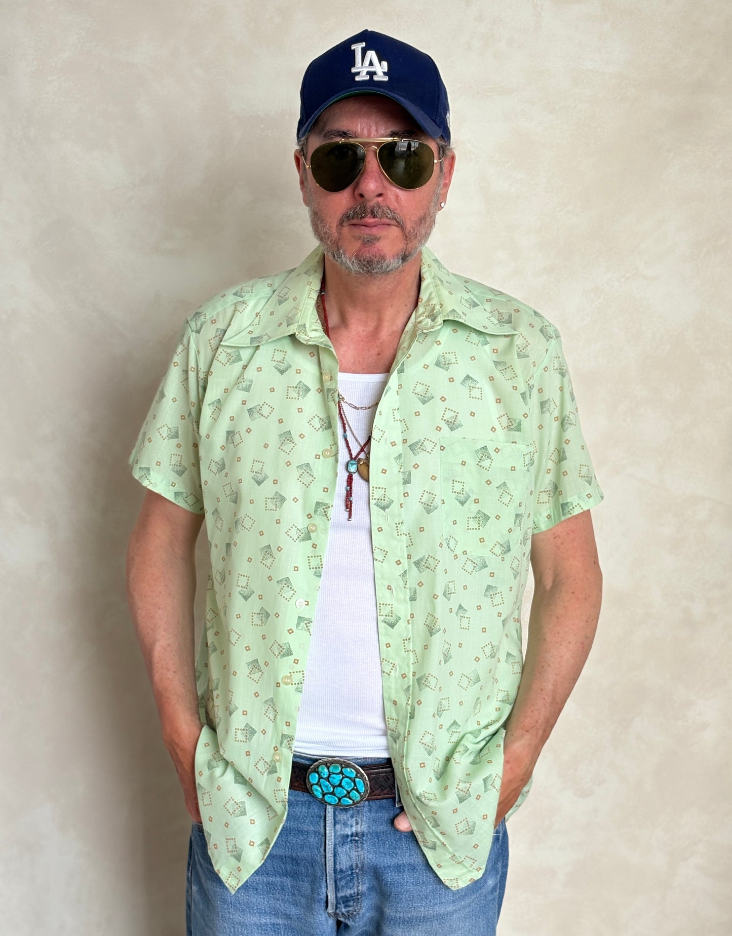 Size M. Vintage 70’s Grand Prix Shirt — Light Green Printed Casual Shirt — Summer Retro Look