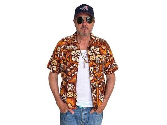 Medium Size Vintage 90s Hawaiian Barkcloth Cotton Shirt by Quicksilver - Surfing Collectible