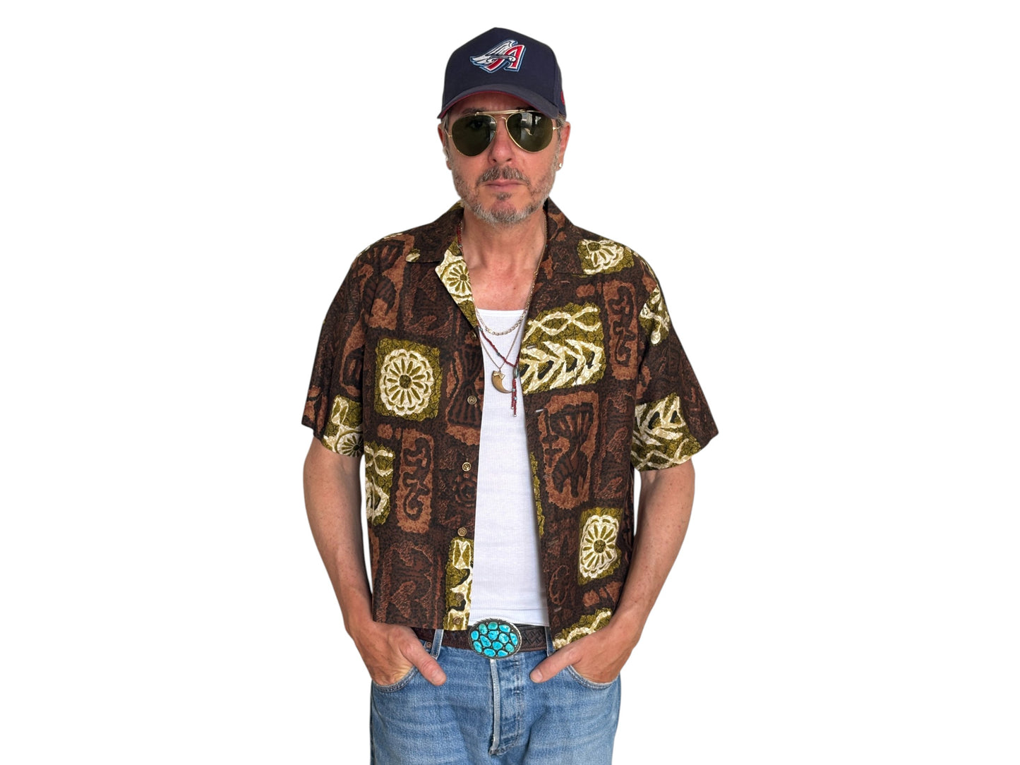 Large . Vintage 60s Hawaiian satin cotton shirt Made in Hawaii