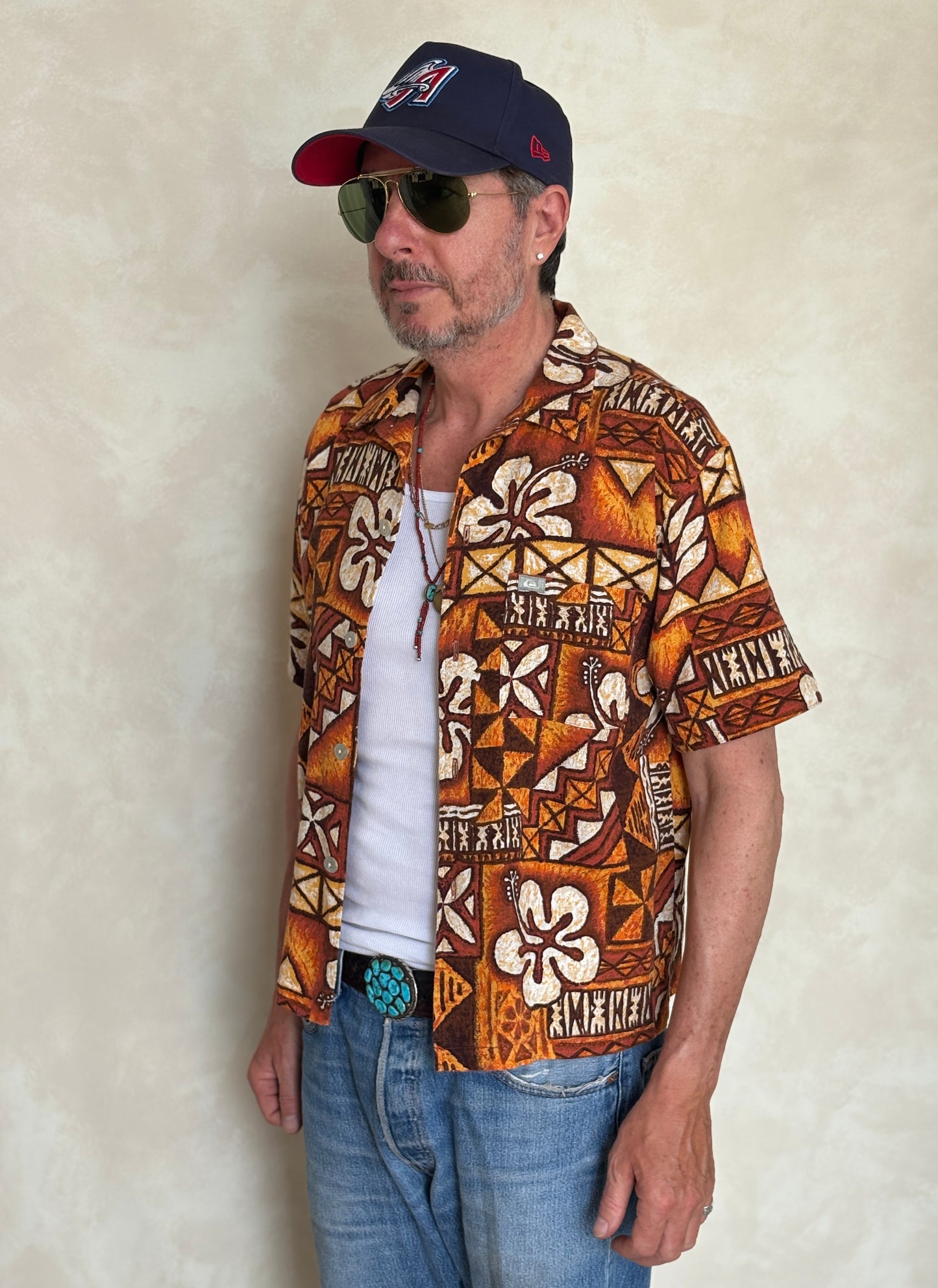 Medium Size Vintage 90s Hawaiian Barkcloth Cotton Shirt by Quicksilver - Surfing Collectible