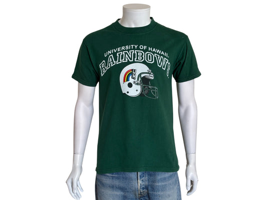 Vintage University of Hawaii Rainbows tee – bold NCAA football style with retro rainbow helmet graphic. Med