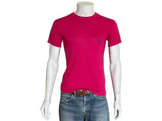 Vintage 80s Hobie Surf T-Shirt — Bright Pink Single Stitch Tee with Colorful Graphic Back Print — Small