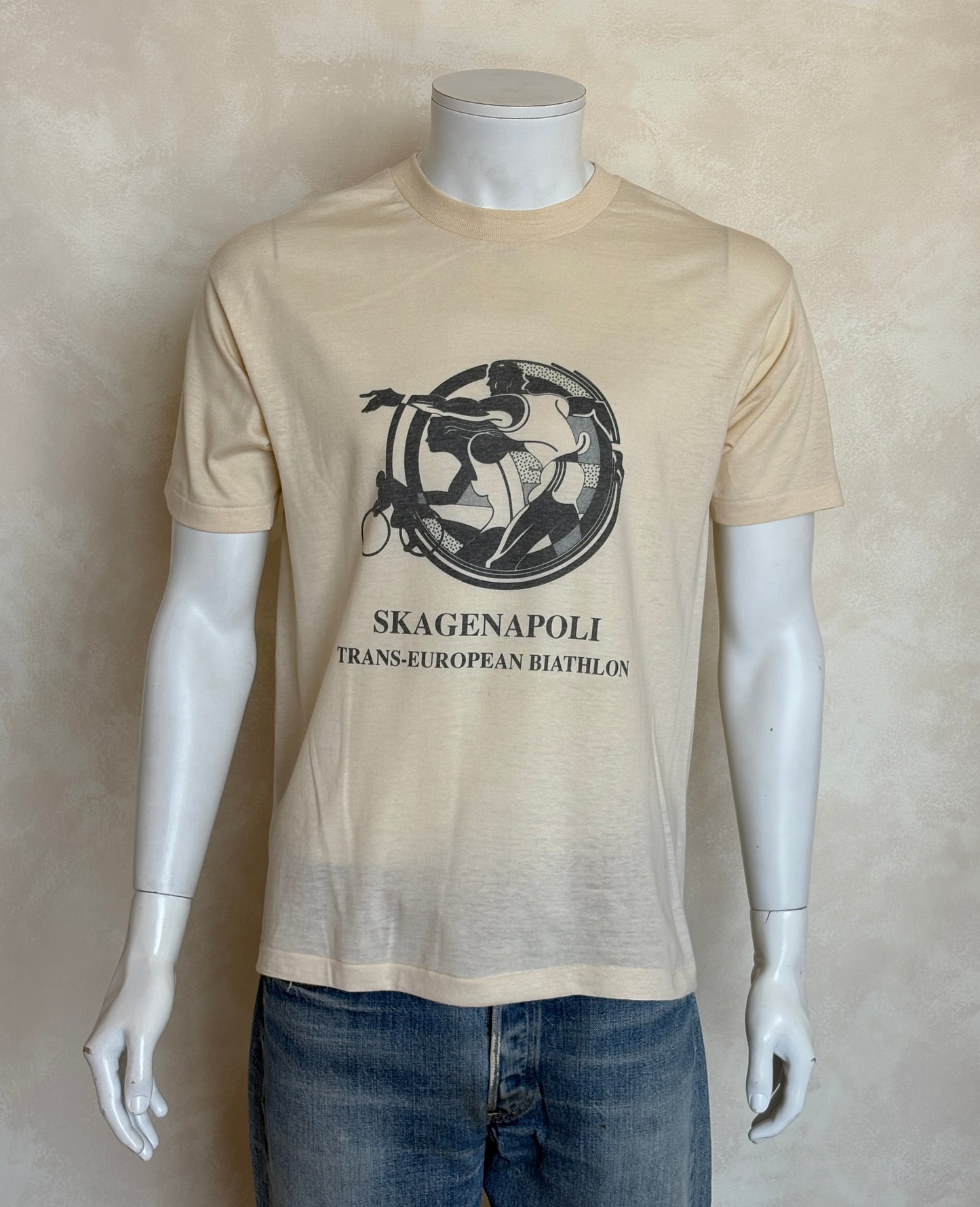 Vintage 1990 Skagenapoli Trans-European Biathlon T-Shirt – Denmark to Italy Route Map Tee. Large