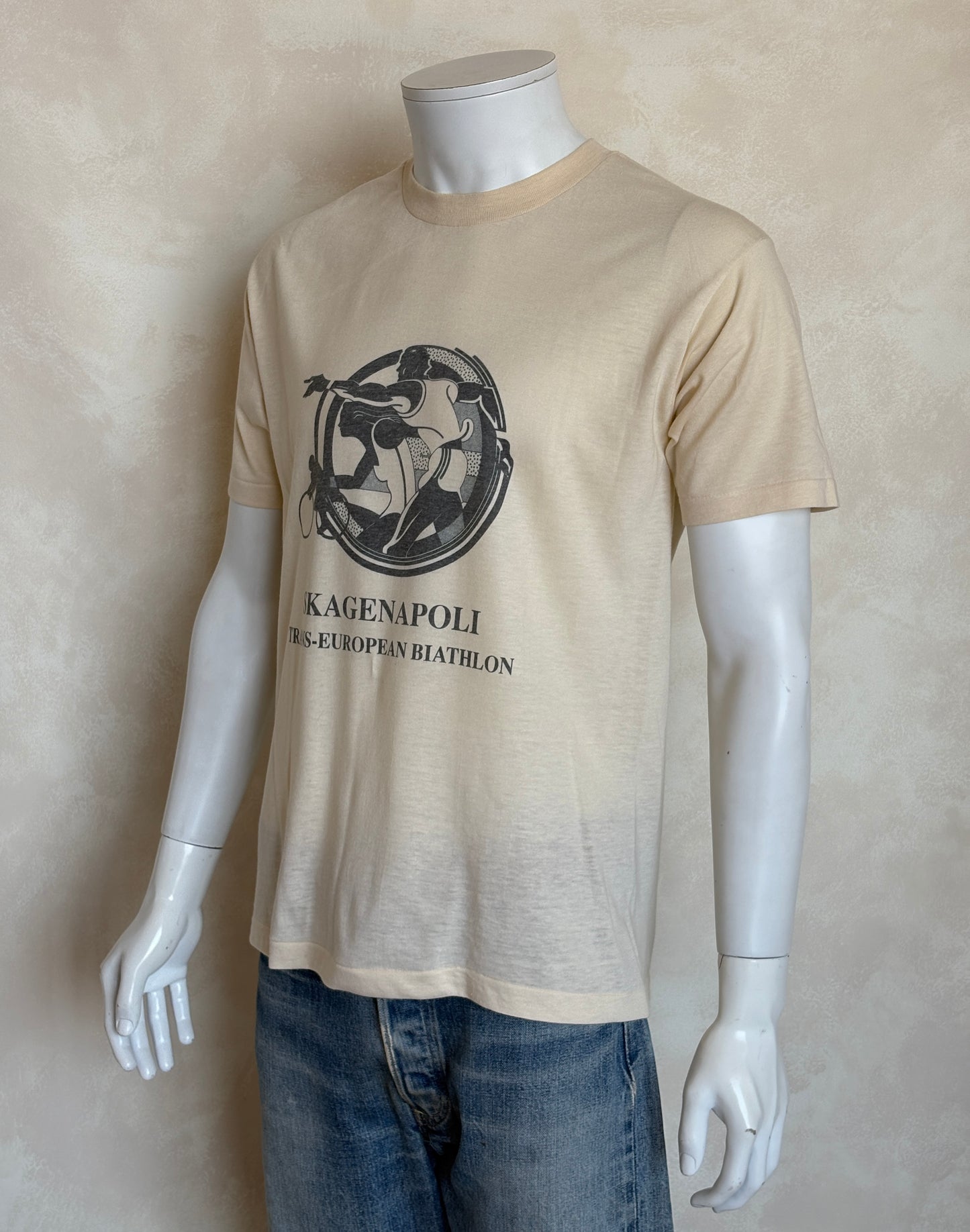Vintage 1990 Skagenapoli Trans-European Biathlon T-Shirt – Denmark to Italy Route Map Tee. Large