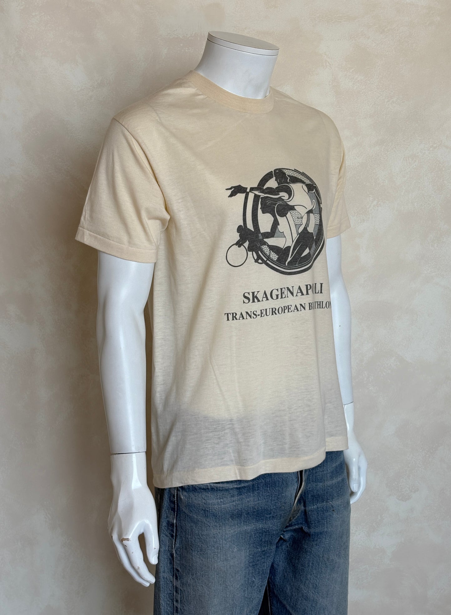 Vintage 1990 Skagenapoli Trans-European Biathlon T-Shirt – Denmark to Italy Route Map Tee. Large