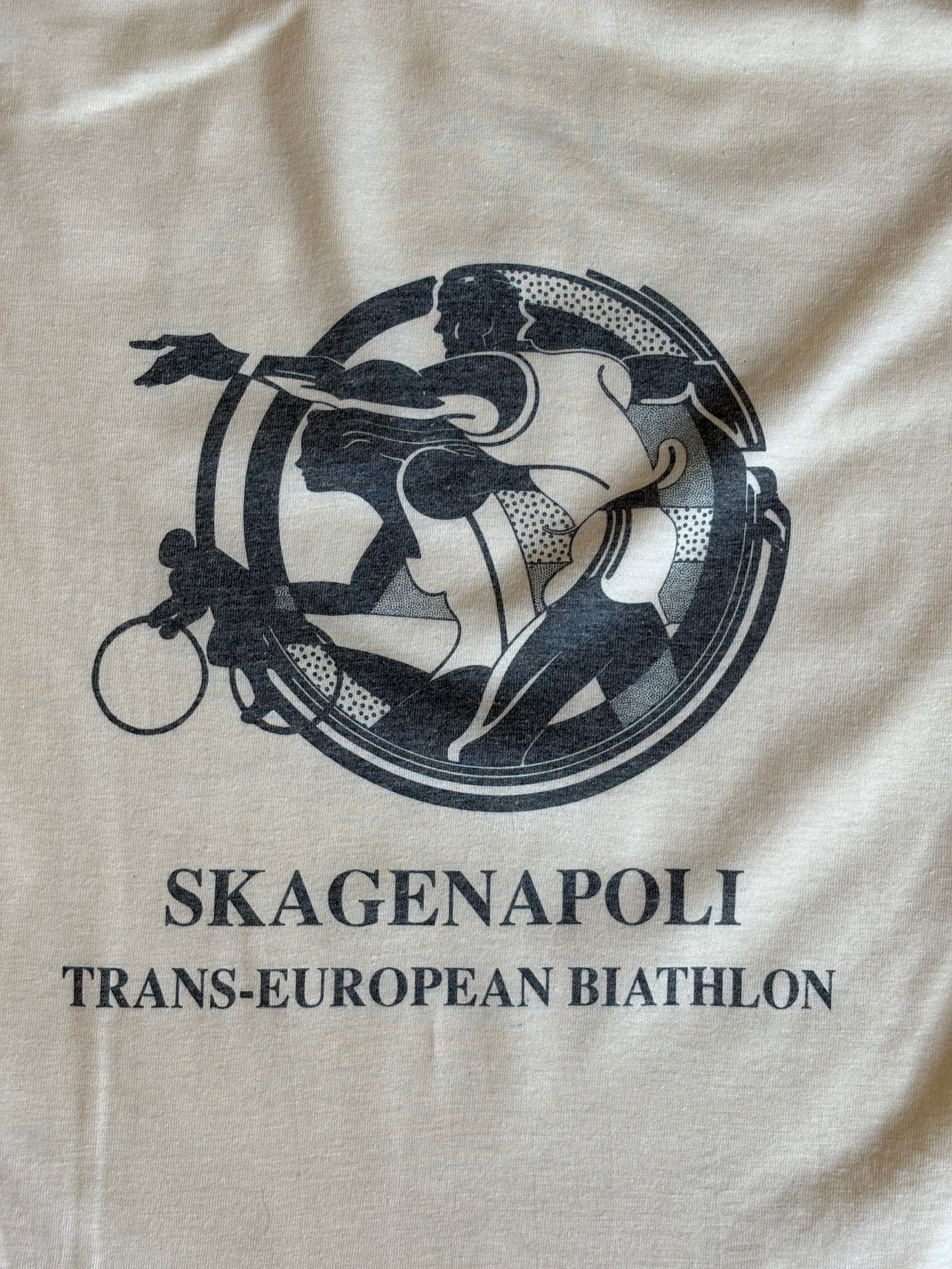 Vintage 1990 Skagenapoli Trans-European Biathlon T-Shirt – Denmark to Italy Route Map Tee. Large