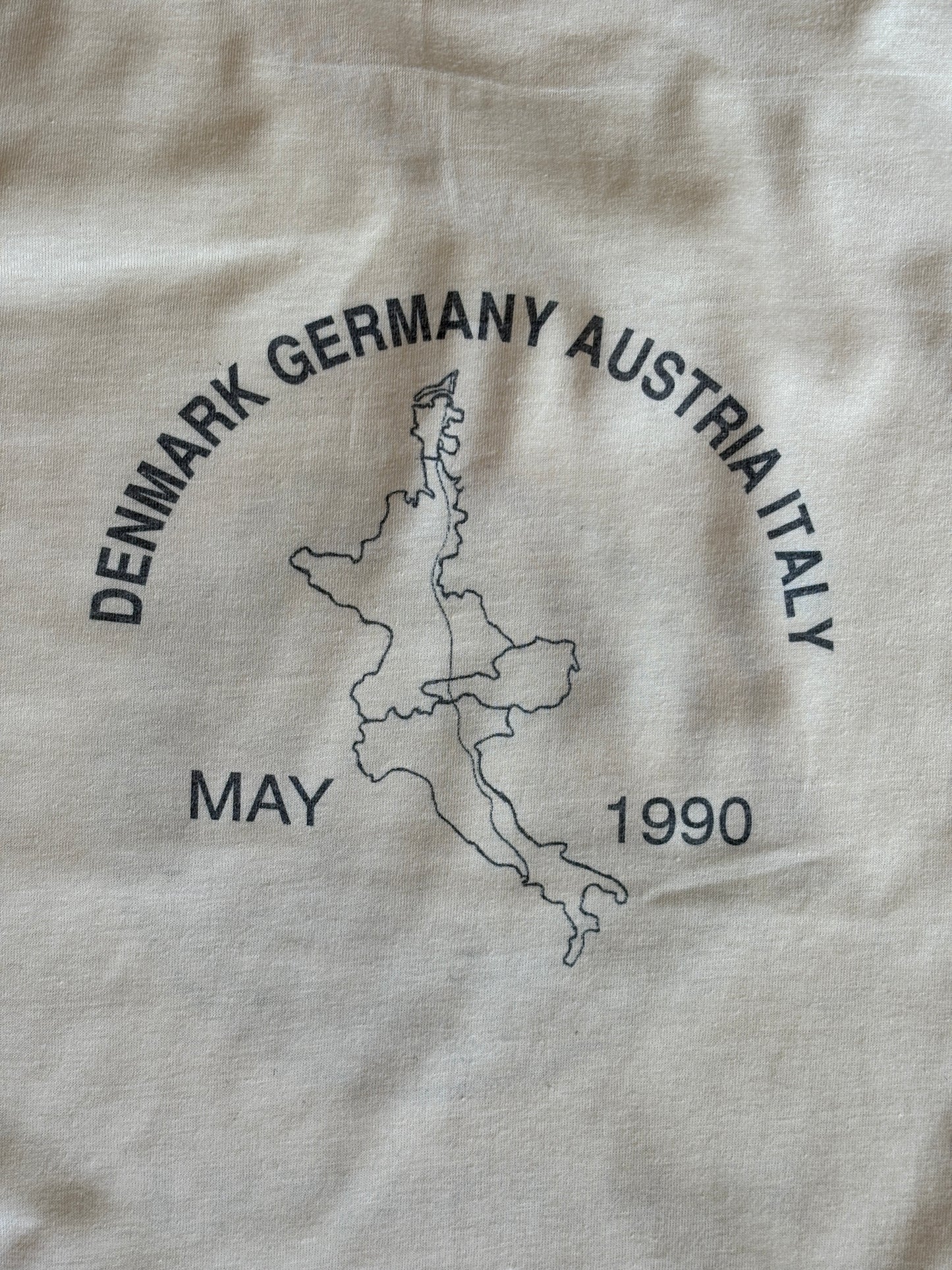 Vintage 1990 Skagenapoli Trans-European Biathlon T-Shirt – Denmark to Italy Route Map Tee. Large