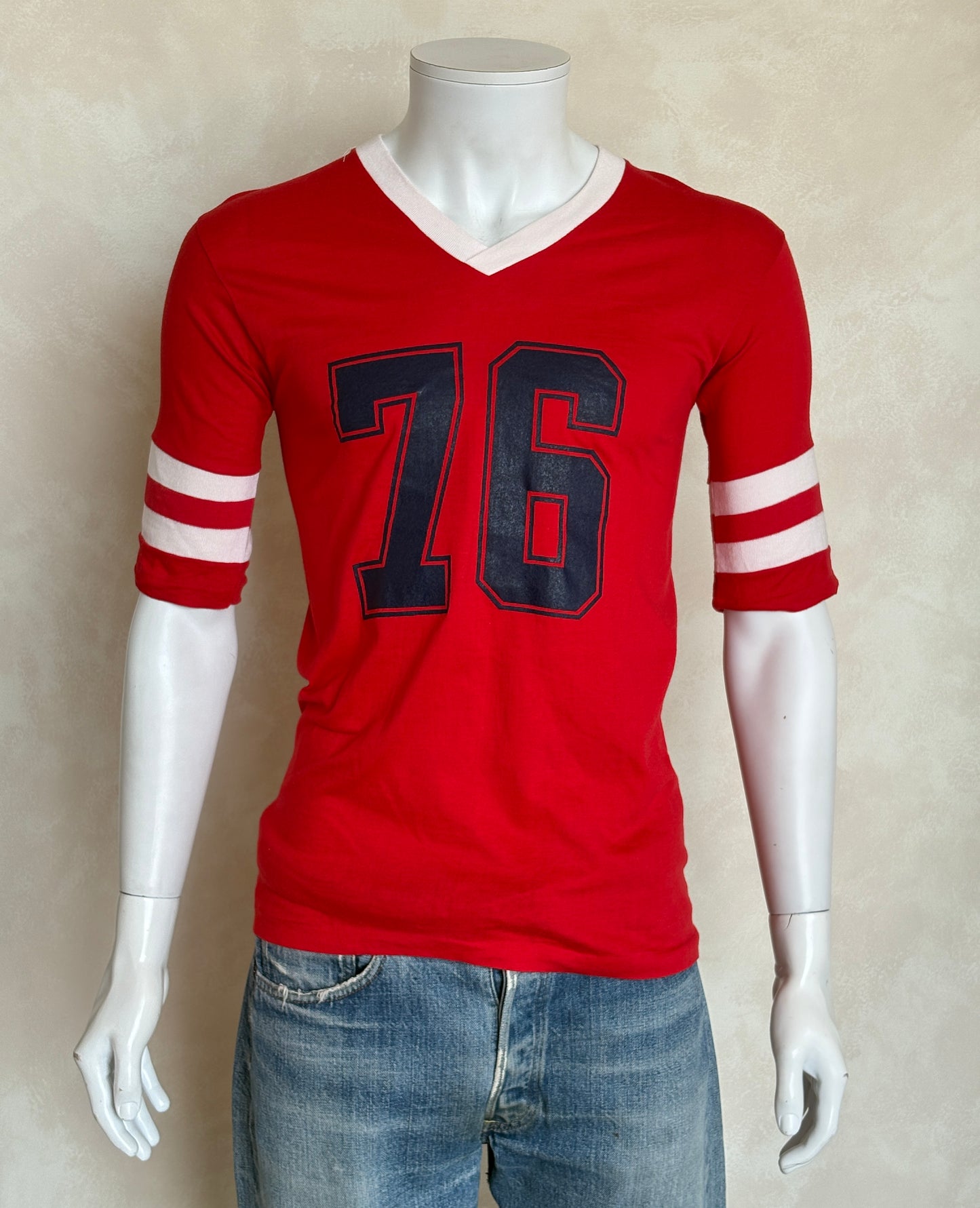 Vintage 70s  Playboy 76 Jersey T-Shirt Red 70s Style Football Tee – Med