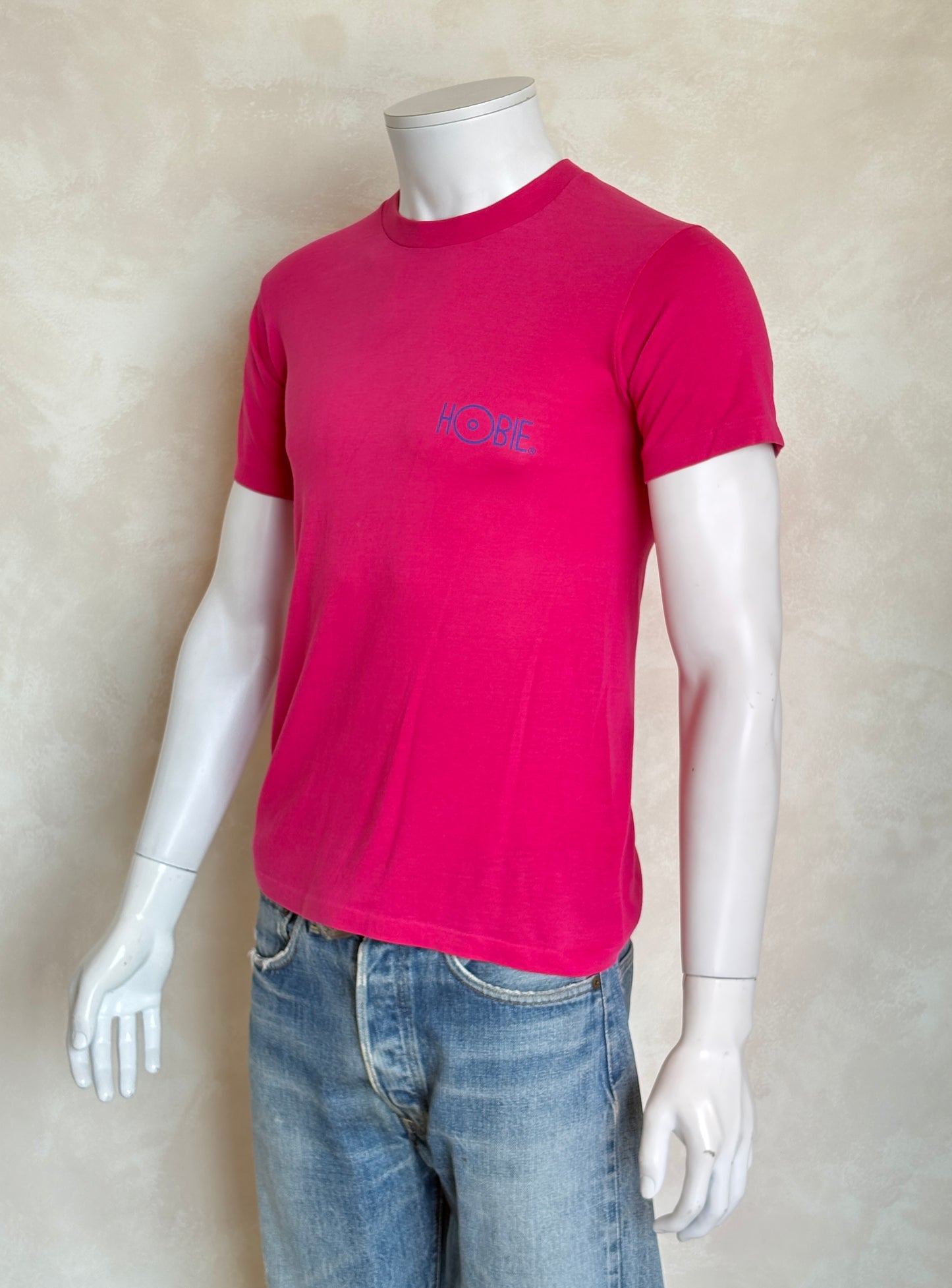Vintage 80s Hobie Surf T-Shirt — Bright Pink Single Stitch Tee with Colorful Graphic Back Print — Small