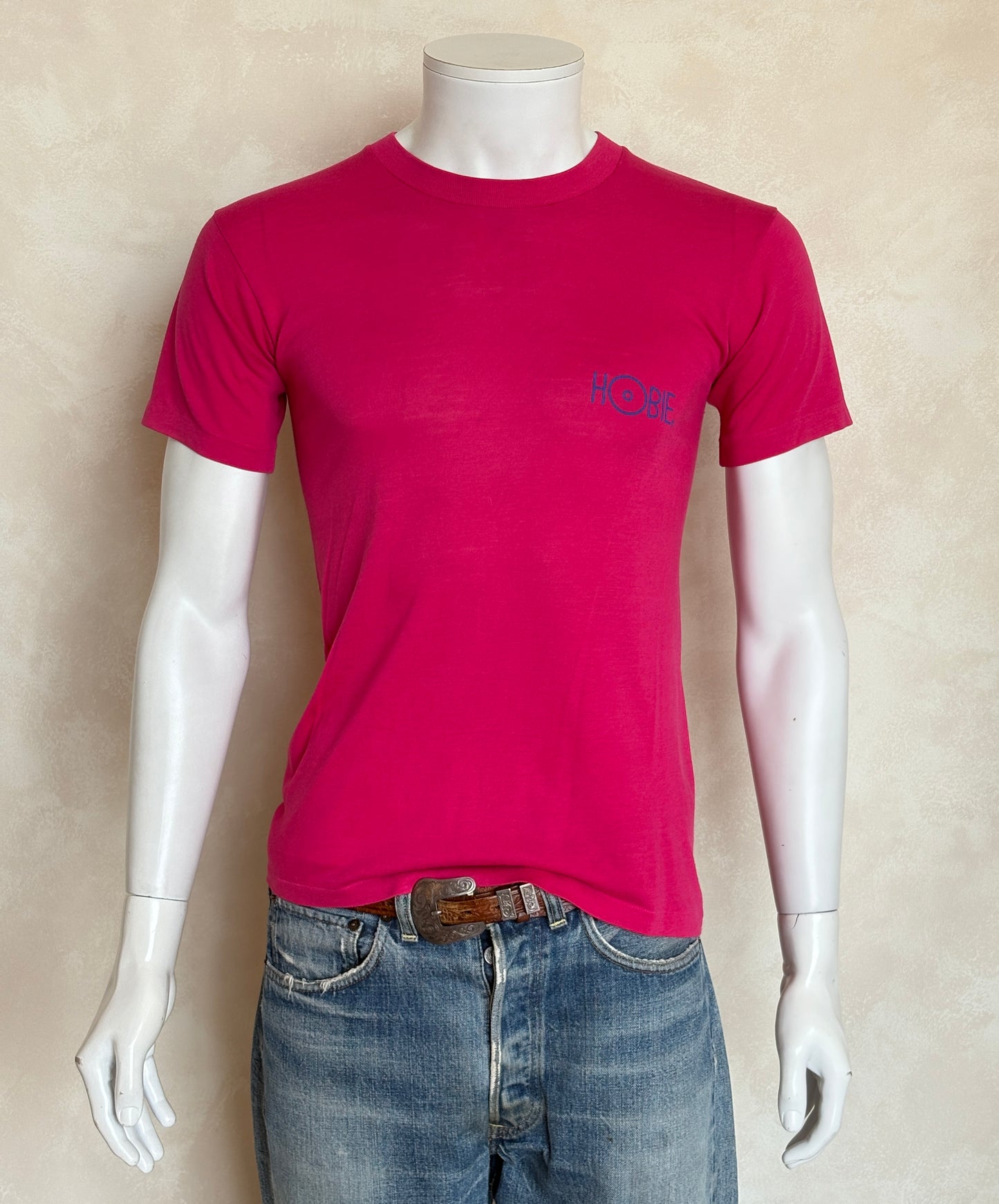 Vintage 80s Hobie Surf T-Shirt — Bright Pink Single Stitch Tee with Colorful Graphic Back Print — Small