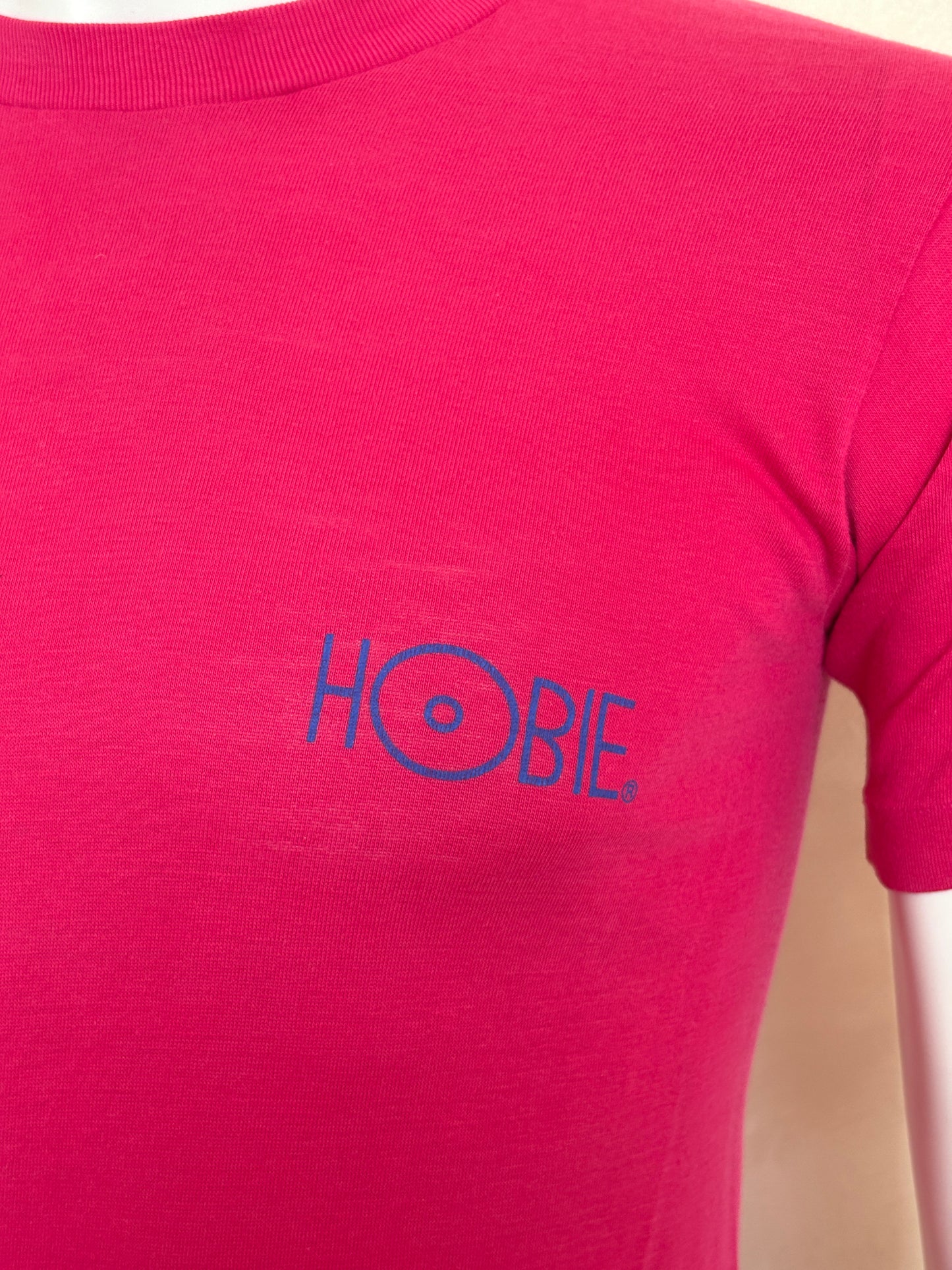 Vintage 80s Hobie Surf T-Shirt — Bright Pink Single Stitch Tee with Colorful Graphic Back Print — Small