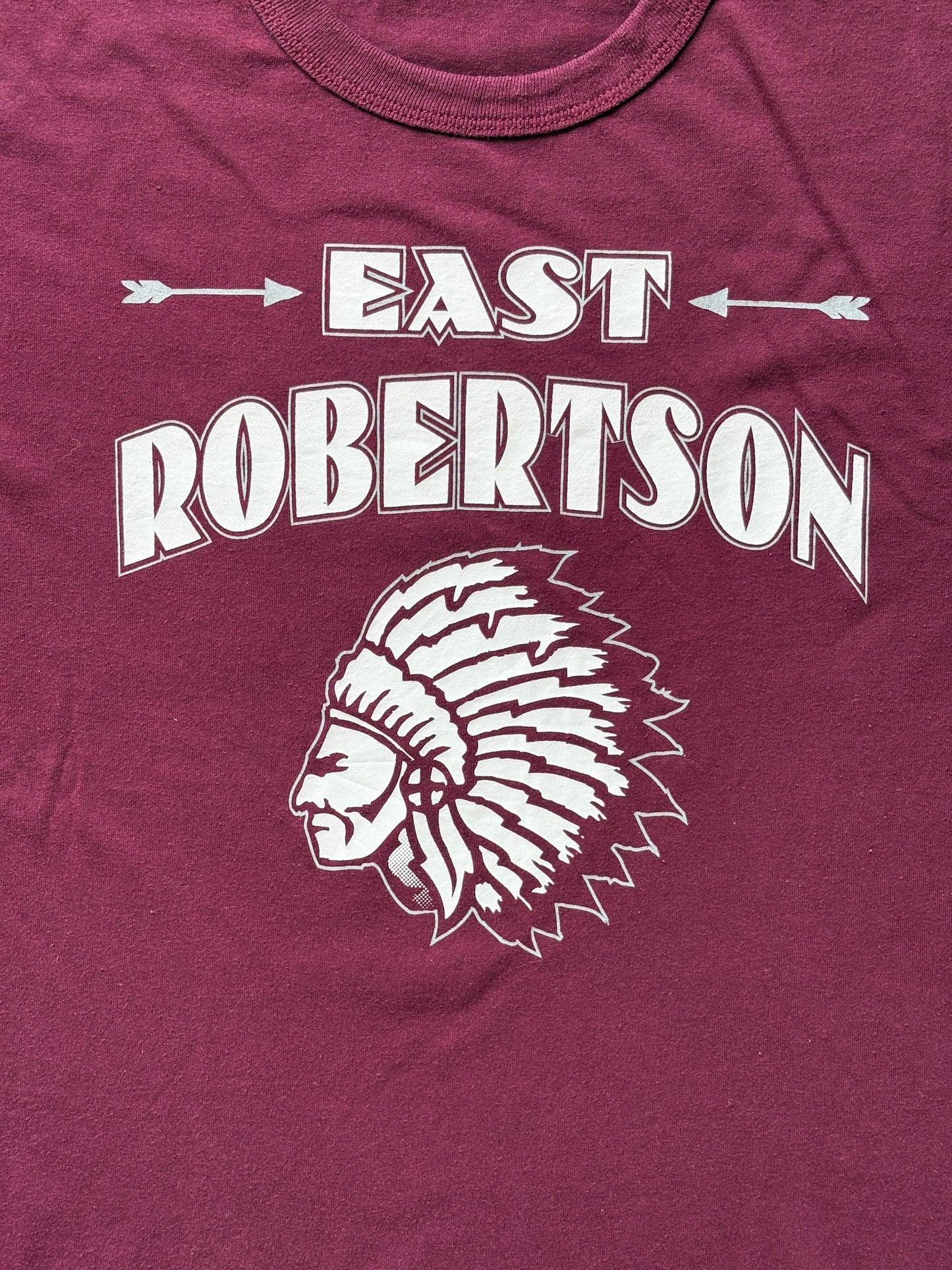 Vintage East Robertson T-Shirt Maroon Native Graphic 90s High School Spirit Tee Arrows & Headdress Print. Large