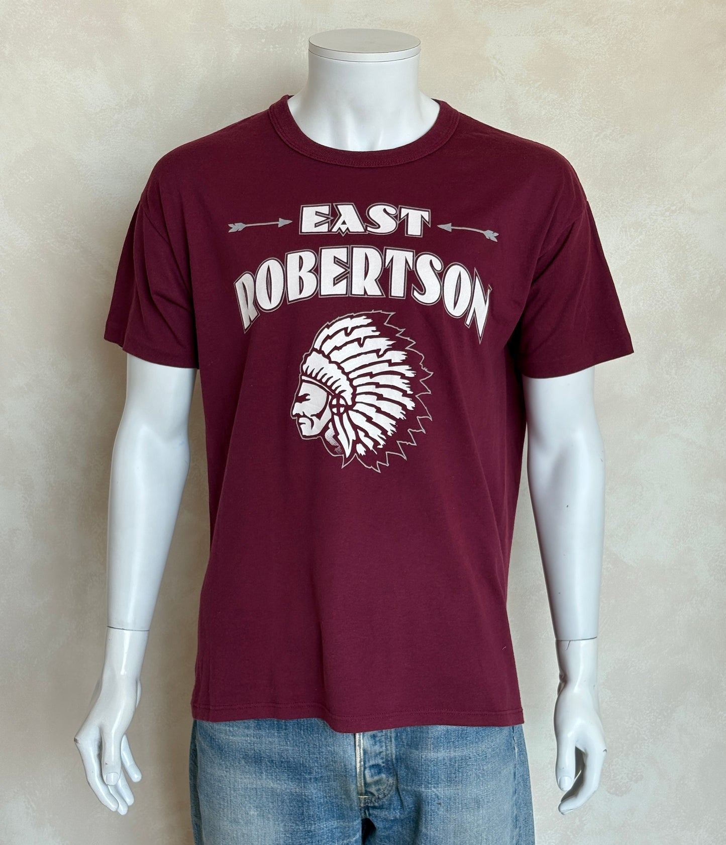 Vintage East Robertson T-Shirt Maroon Native Graphic 90s High School Spirit Tee Arrows & Headdress Print. Large