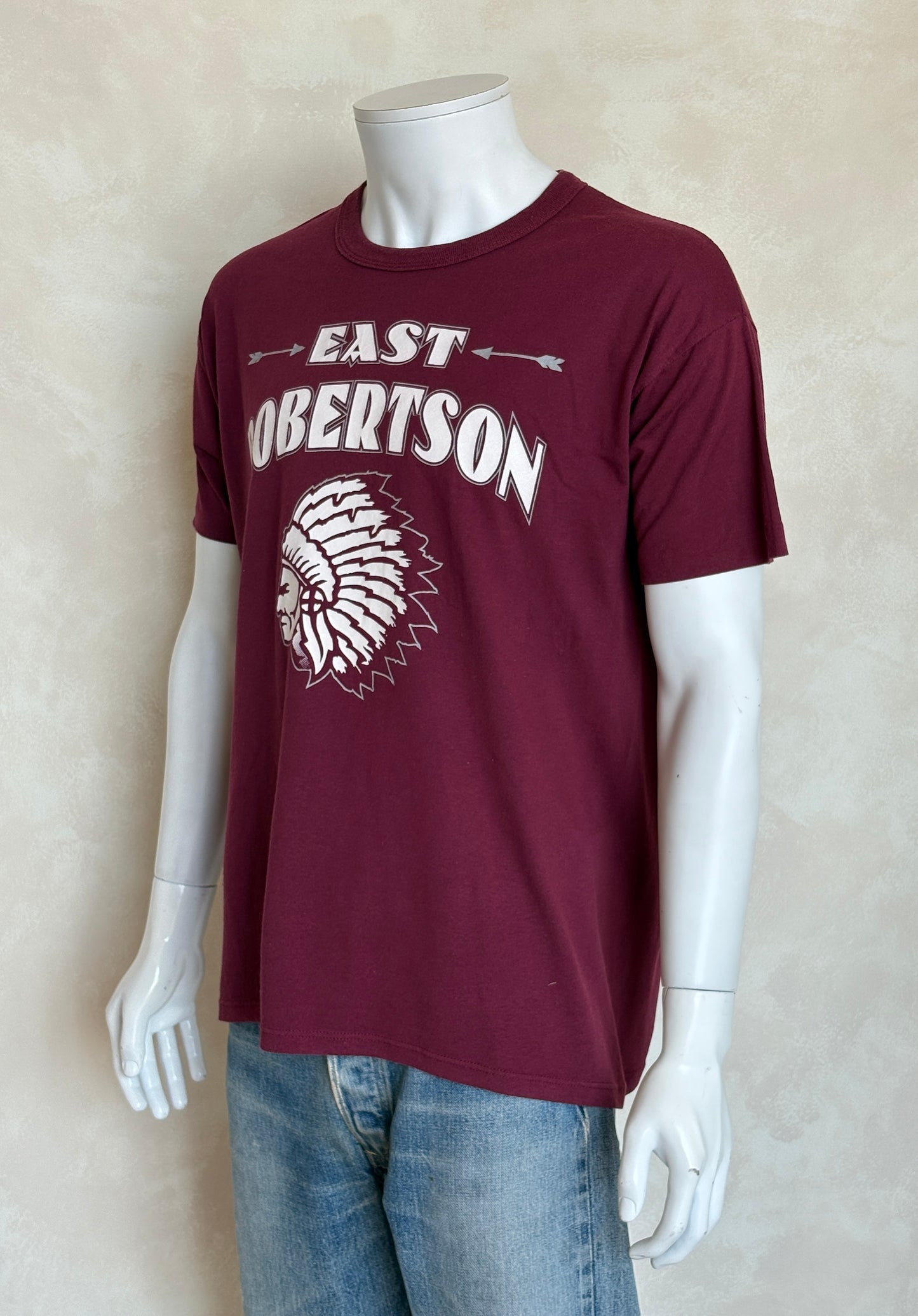 Vintage East Robertson T-Shirt Maroon Native Graphic 90s High School Spirit Tee Arrows & Headdress Print. Large