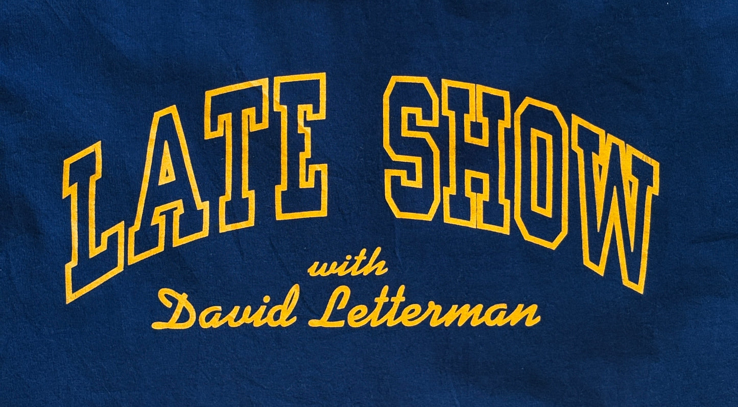 Vintage 90s Late Show with David Letterman tee – classic TV nostalgia in bold collegiate style. Large