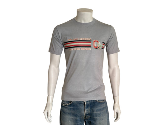 Vintage Ohio State University tee – bold Buckeyes pride with classic athletic stripes. Med