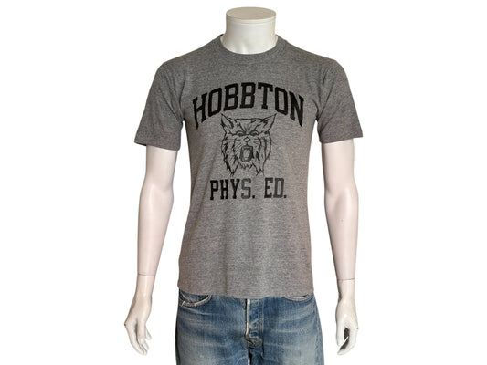 Vintage Hobbtown Phys. Ed. T-Shirt – Classic heather gray gym tee with wildcat mascot graphic. Med