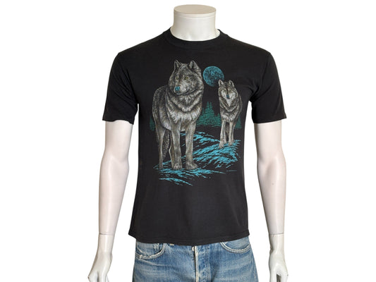 Authentic vintage 90s wolf t-shirt featuring a bold full moon nature scene. Small