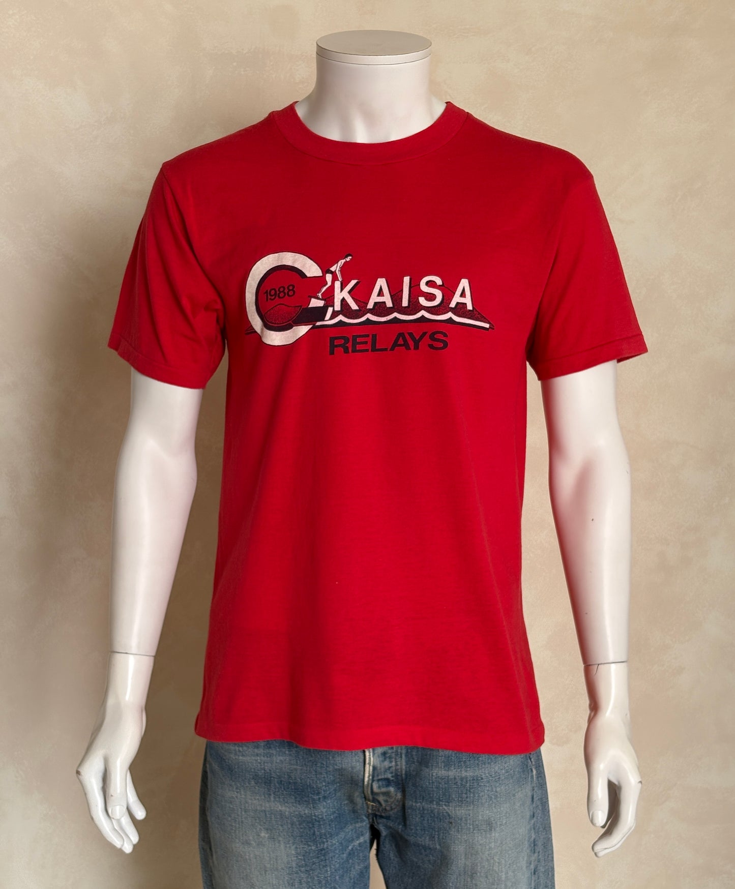 Vintage 1988 KAISA Relays tee – bold aquatic competition graphic with retro energy. Large