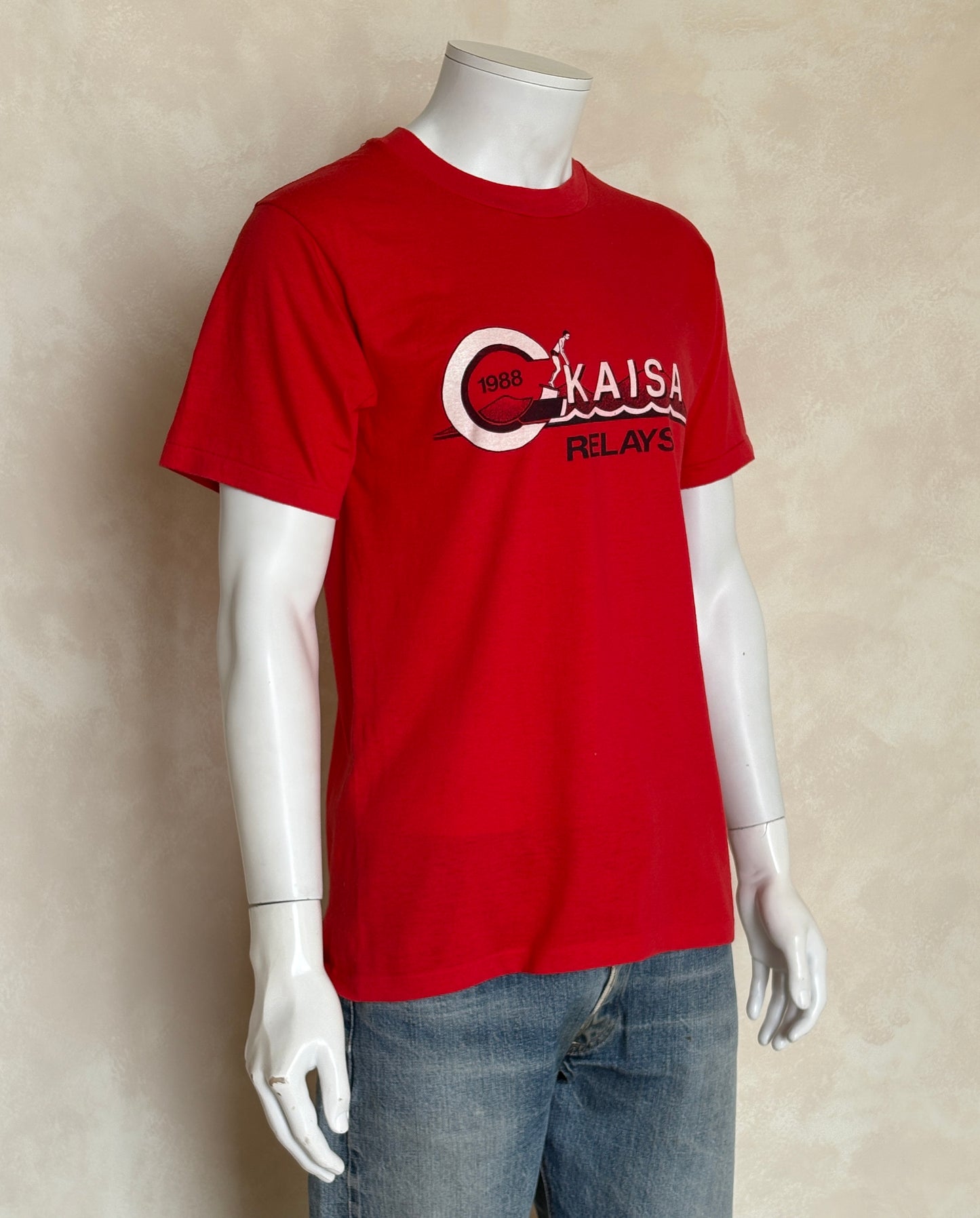 Vintage 1988 KAISA Relays tee – bold aquatic competition graphic with retro energy. Large
