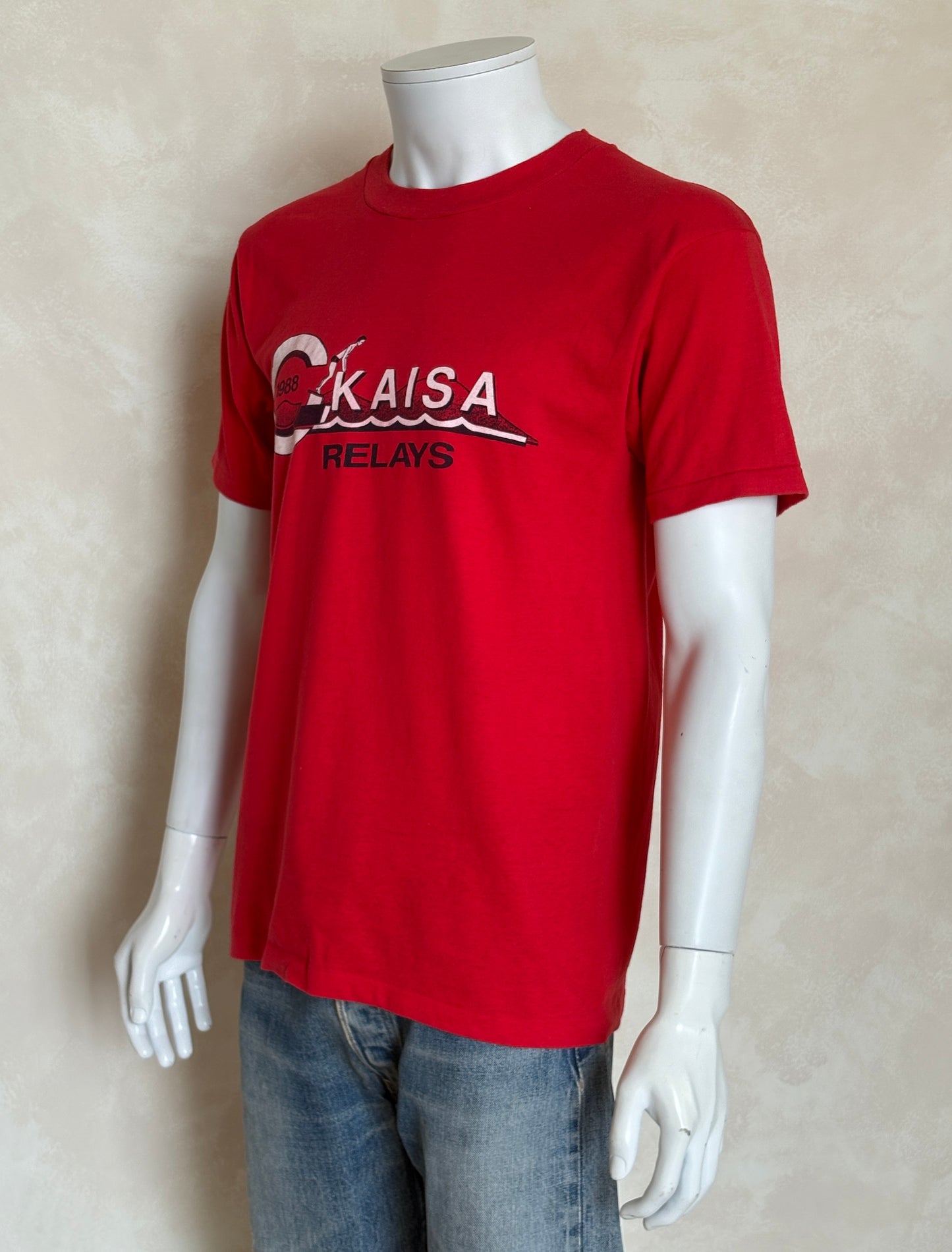 Vintage 1988 KAISA Relays tee – bold aquatic competition graphic with retro energy. Large