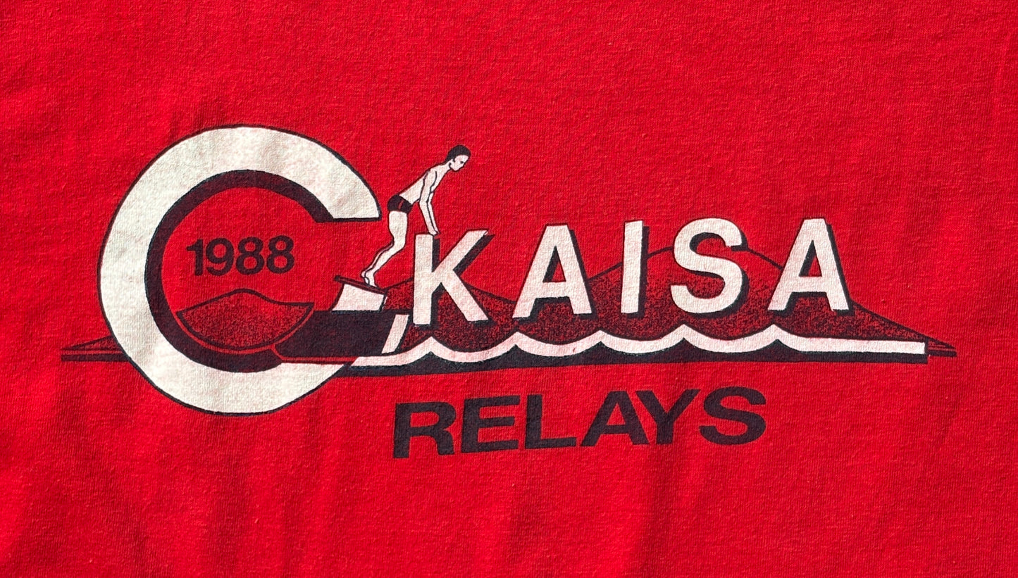 Vintage 1988 KAISA Relays tee – bold aquatic competition graphic with retro energy. Large