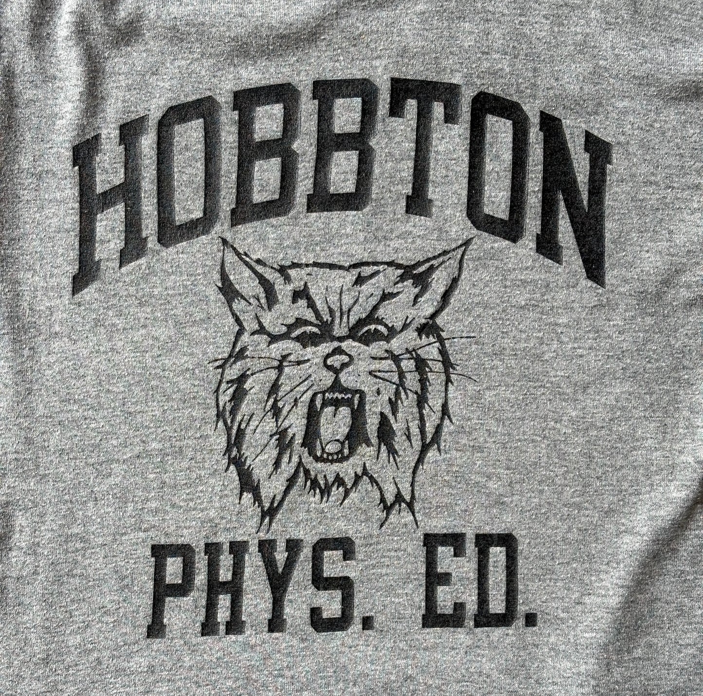 Vintage Hobbtown Phys. Ed. T-Shirt – Classic heather gray gym tee with wildcat mascot graphic. Med