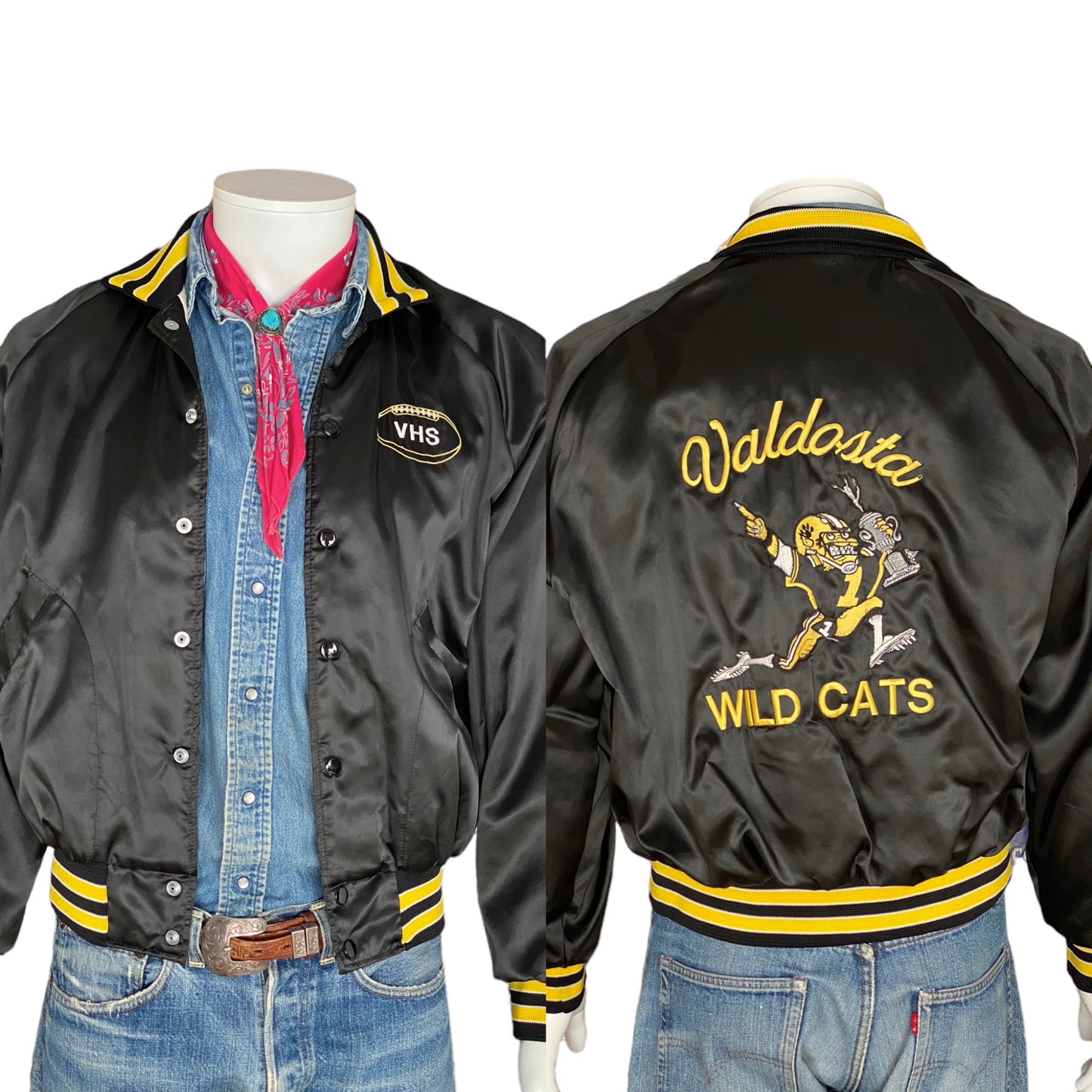 Vintage 80s football satin jacket made in USA, size medium - Retro style and durable craftsmanship for your wardrobe.