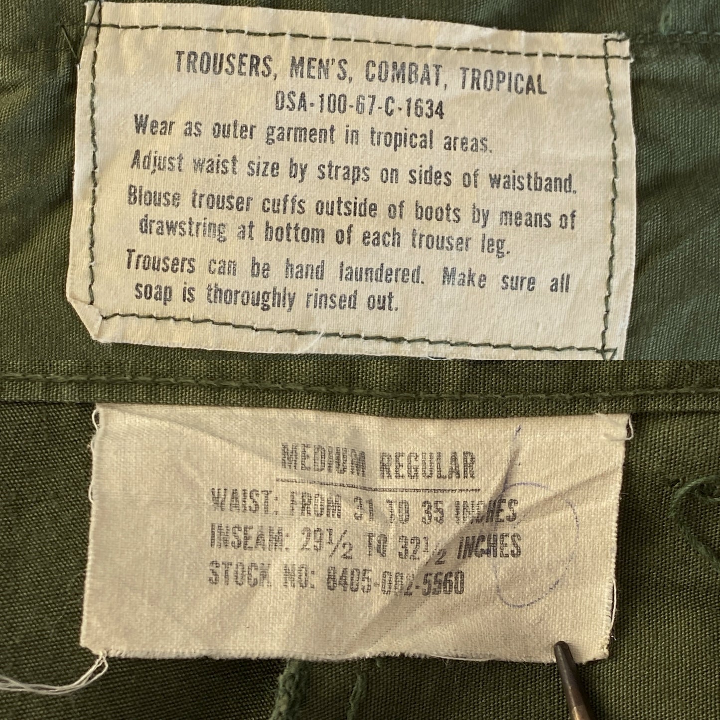 Med Reg. 1967 Authentic US Army Vietnam war era OG-107 jungle pants